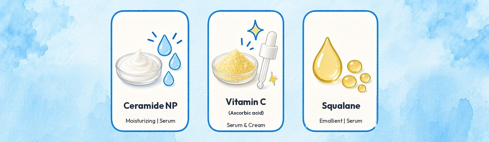Illustration of ceramide NP, vitamin C (ascorbic acid) and squalane