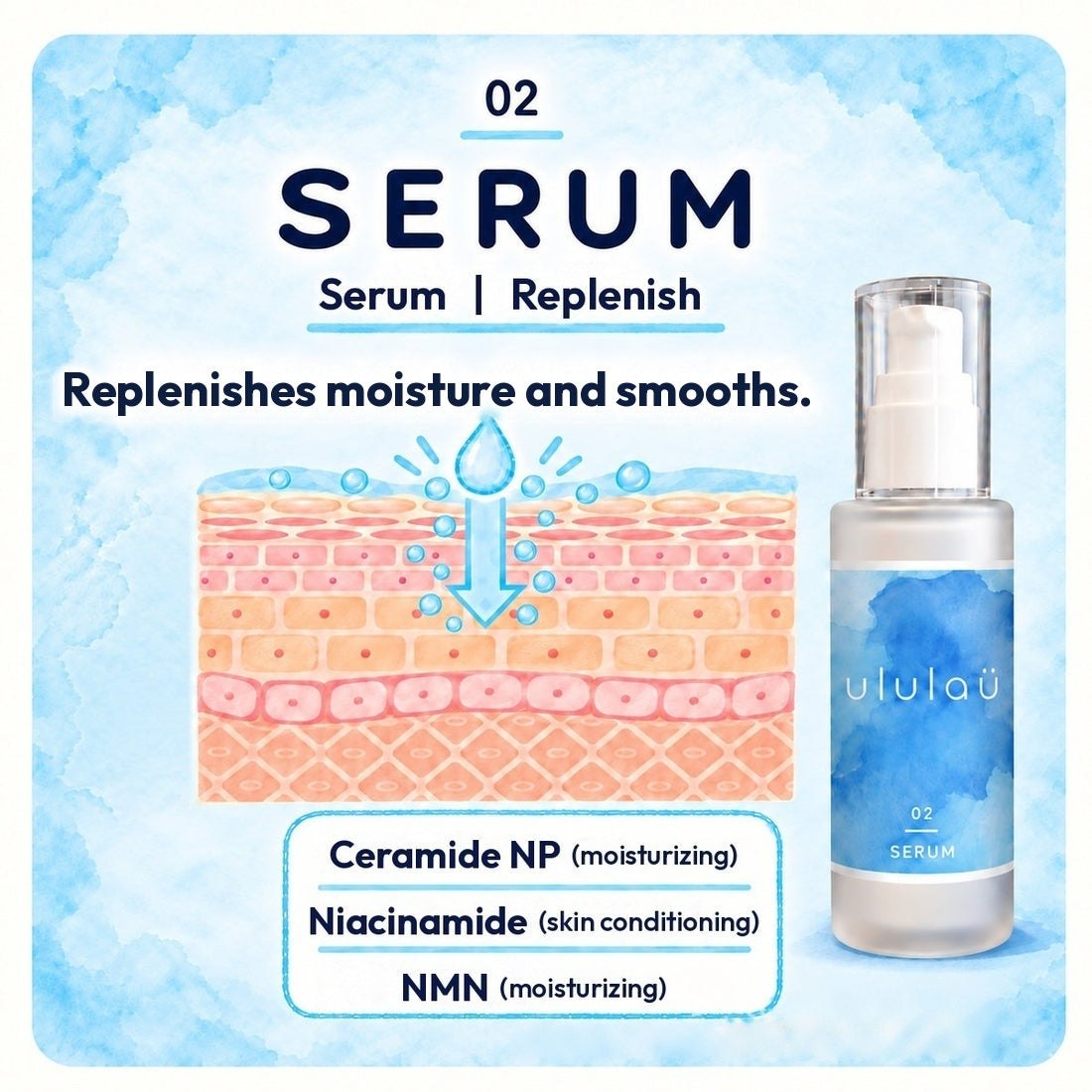 02 Serum | Replenishes moisture and smooths. Ceramide NP (moisturizing), niacinamide (skin conditioning), NMN (moisturizing)