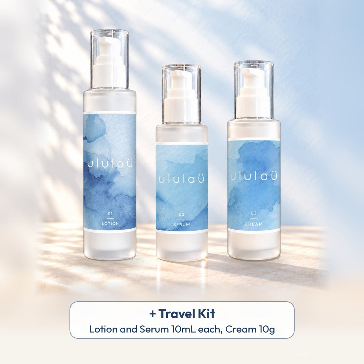 What’s in the ululaü 3-Step Set: Lotion, Serum, Cream and Travel Kit