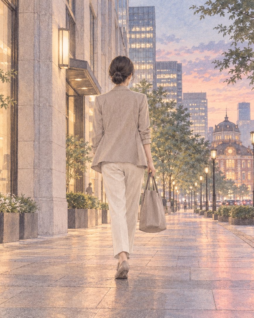夕暮れの東京の並木道を歩く人の後ろ姿