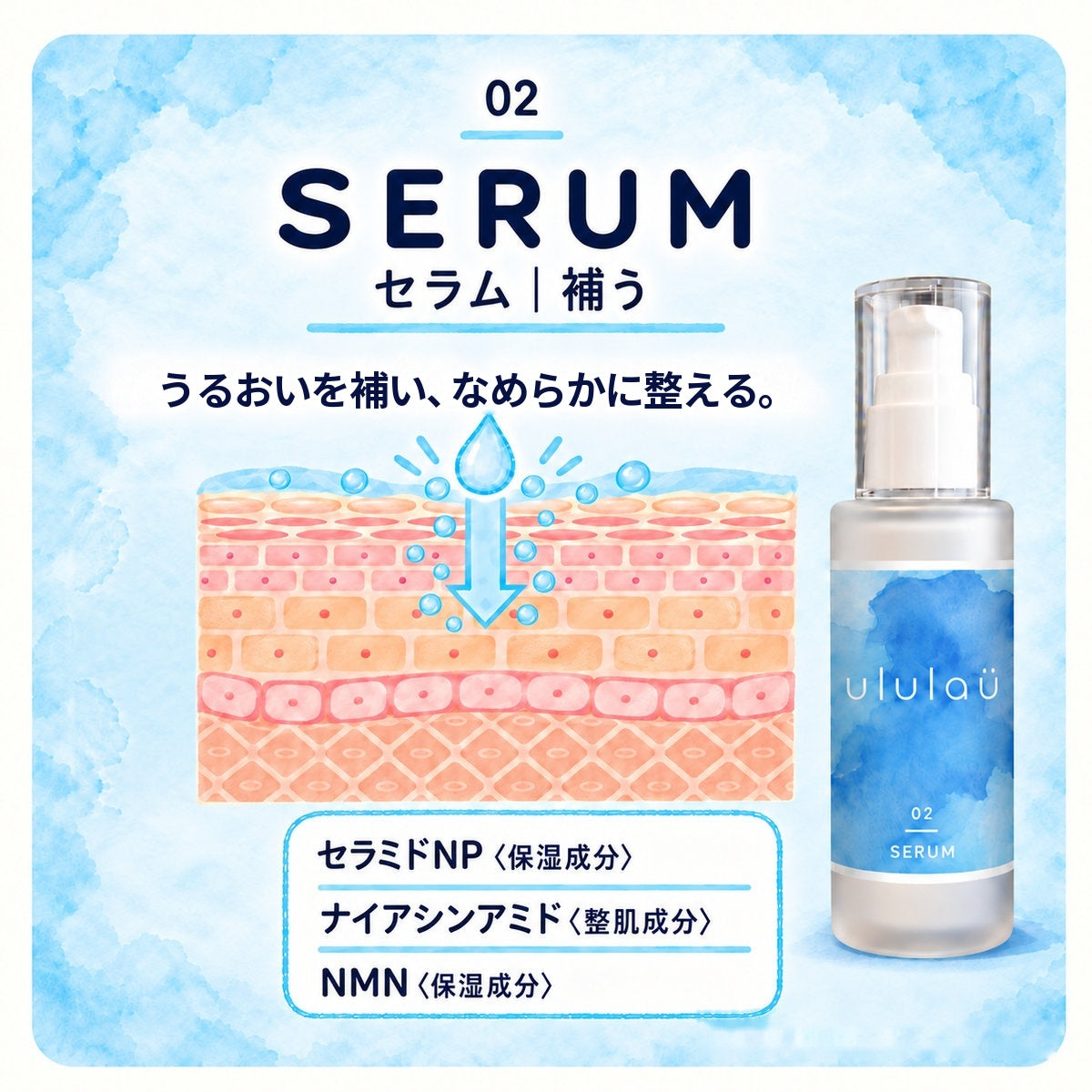 02 SERUM｜うるおいを補い、なめらかに整える。セラミドNP（保湿成分）・ナイアシンアミド（整肌成分）・NMN（保湿成分）